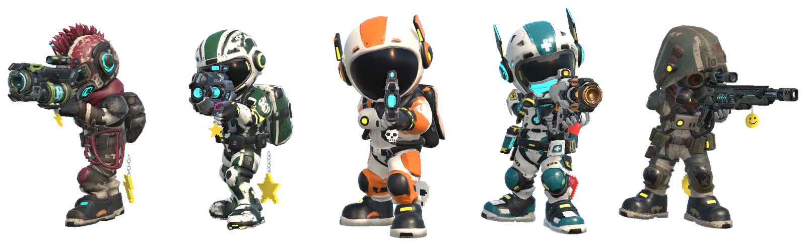 Los cinco personajes apuntando: rockstar con cresta, futbolero, el astronauta clásico, médico y soldado